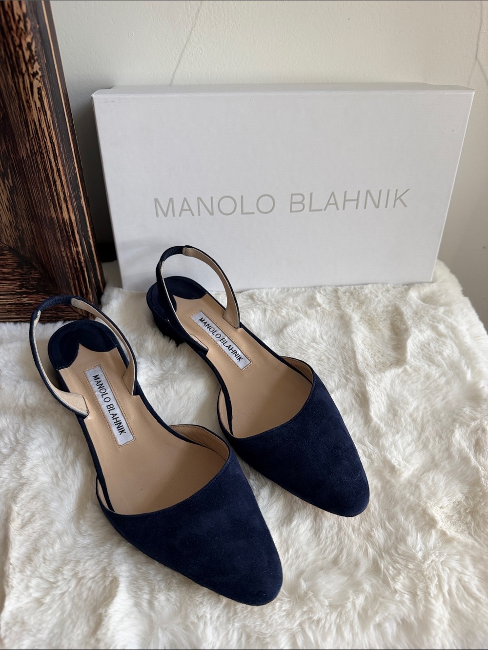 Manolo Blahnik Navy Suede Pointed Slingback Flats